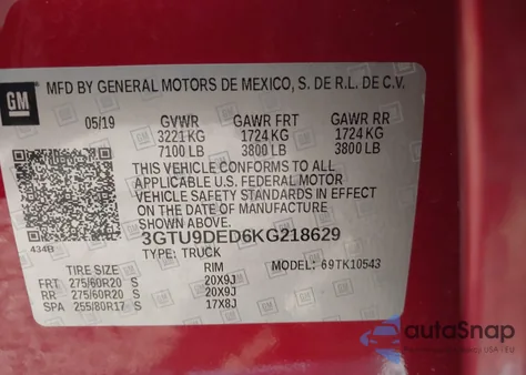 2019 GMC Sierra 1500 Slt z USA, uszkodzony, nr VIN 3GTU9DED6KG218629